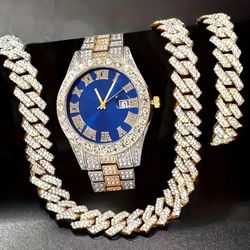 Luxury Fully Iced Men Quartz Cubic Zirconia Watch+24" Miami Cuban Necklace & Bracelet Set