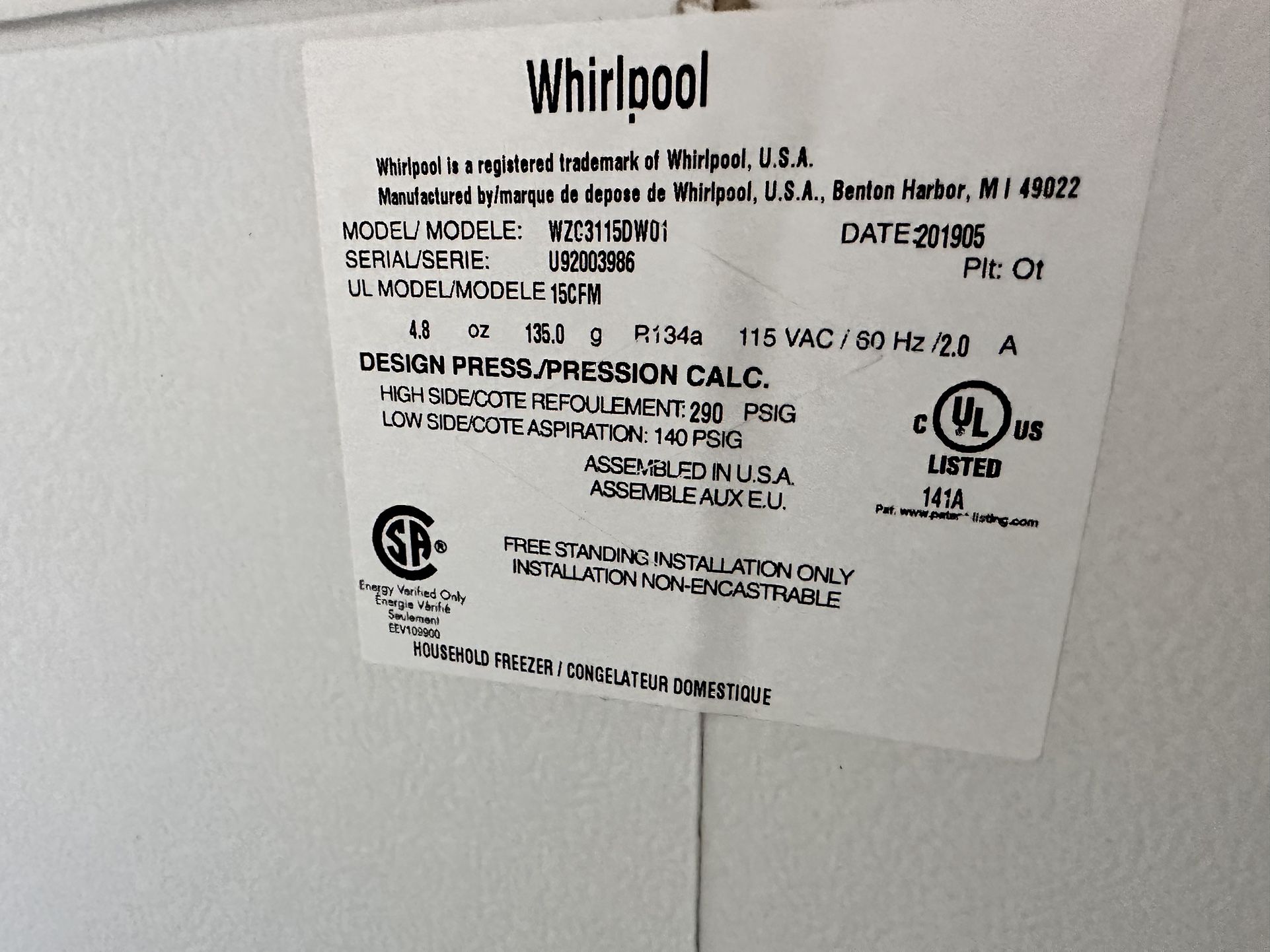 Whirlpool 15cu ft Manual Defrost Chest Freezer (White) for Sale in