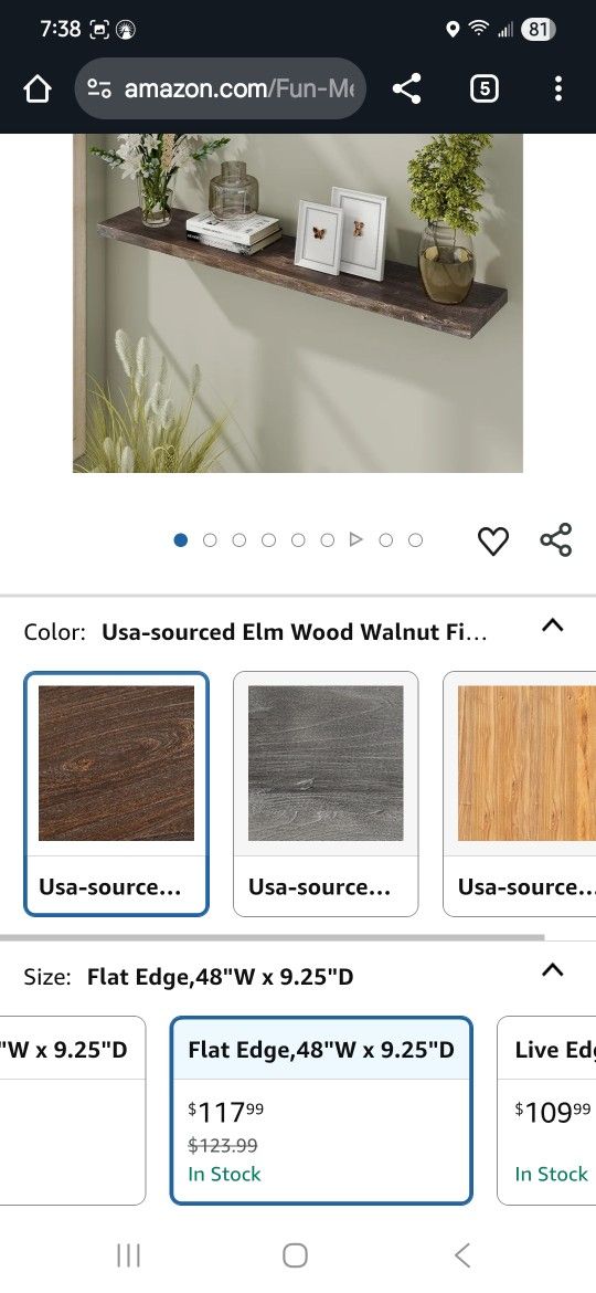 Fun Memories 48 Inch Floating Shelves, Live Edge 9.3" Deep Solid Elm Wood Wall Shelves for Storage, Wall-Mounted Display Shelves with Invisible Heavy-