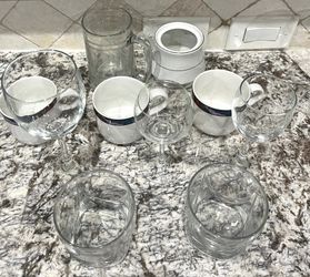 3 Vintage  Coffee Cups, 3 Crystal Wine Glasses, 2 Heavy Tumblers, One Beer, Glass and  A Ceramic Bowl