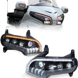 All-in One LED Headlight Assembly for GoldWing GL1800, Front Light w/High Low Beam DRL Water Flowing Turn Signal Replacement Headlight Headlamp for Ho