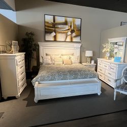 White King Bed, Dresser, Mirror And One Nightstand