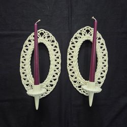 2 1970s Burwood Faux Ratan Wall Sconces 15"x8.5"x5" Plastic