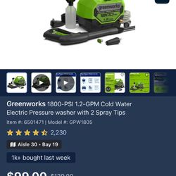 GreenWorks 1800 PSI pressure washer 