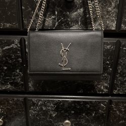 Yves Saint Laurent Black Leather Shoulder Bag with Silver Chain