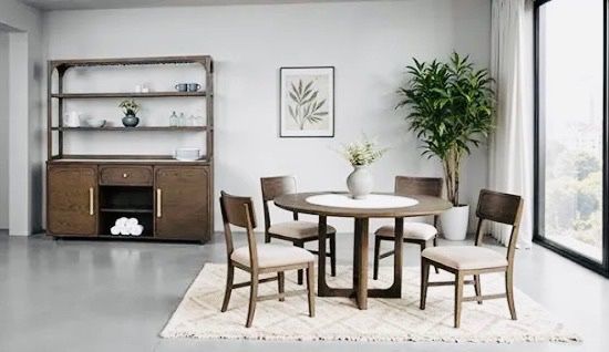 ROUND DINNING  TABLE4CH W QUARTZ STONE CENTER TOP DARK WALTUT 54”Wx54”DX20”H (ALL COLLECTION AVAILABLE)