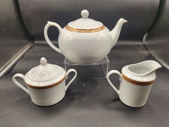 Vintage Sears Golden Simply Christmas Teapot sugar and creamer 3 pc set white gold trim