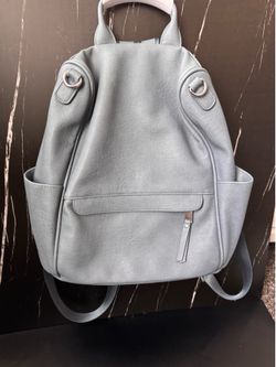 Madison West Kylee Vegan Leather Backpack – Grey Blue / Silver Hardware
