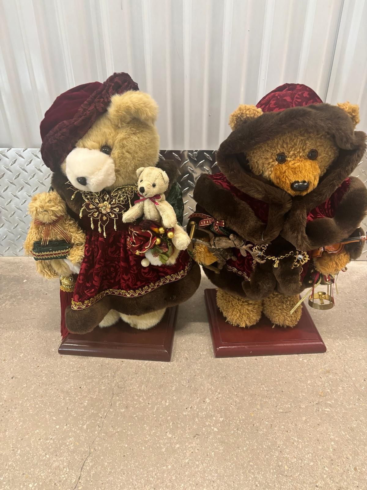 Large 19” Teddy Bears dressed as Santa on a wood stand with toys and stockings $25 each