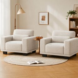 Modern Cream Accent Chair Set of 2, Oversized Upholstered Armchairs for Living Room Bedroom Apartment Lounge Furniture