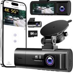 Dash Cam Front and Rear,3 Channel Dash Cam for Car with 64GB Card,4K+1080P+1080P Three Way Triple Car Dash Camera,3.16” LCD Screen,5GHZ＆App Control,Lo