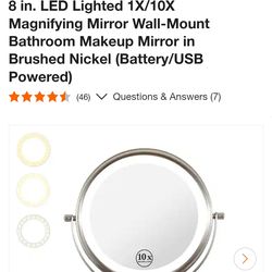 8 in. LED Lighted 1X/10X Magnifying Mirror Wall-Mount Bathroom Makeup Mirror in Brushed Nickel (Battery/USB Powered)