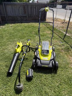 RYOBI 40V 3-Piece Kit: 18-Inch Push Mower, Blower, and Trimmer — (1) 6.0 Ah Battery (Charger Not Included)