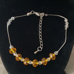 Beautiful Silver Anklet With Amber Crystals And Adjustable Link
