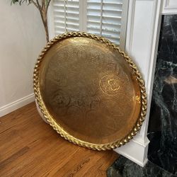 Antique HUGE Solid Moroccan Ornate Etch Brass Tray Wall Hanging Table RARE Centerpiece Art Artwork Collectible Handcrafted MCM Vintage Fine 