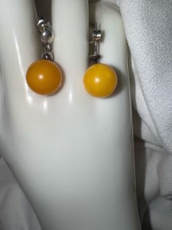 Vintage Sterling Baltic Amber Sphere Drop Earrings