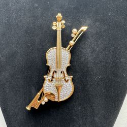 Swarovski Pave Crystal Violin Brooch Large Cello Viola Gold Tone Pin (C)