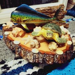 Hand-Carved Wood Sea Turtle and Mahi-Mahi Sculpture on Driftwood Base