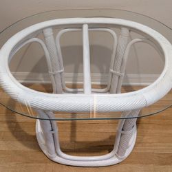 White Oval Wicker and Glass Table