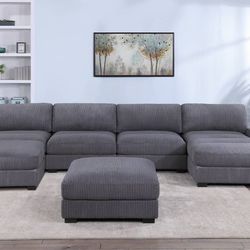 Brand New Super Plush Grey Corduroy Modular Style Sectional Sofa w Ottoman 