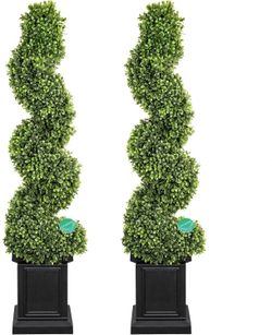 Boxwood Outdoor Topiary Set of 2, 4ft Tall Outdoor Porch Trees, All-Year Green Fake Plant Topiary Trees Artificial Outdoor with Sturdy Pot for Porch O