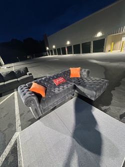 Gray Velvet Tufted Sectional Sofa