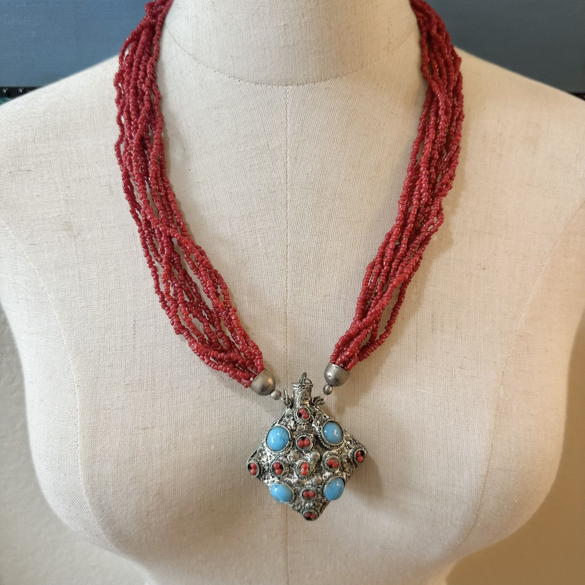 Tibetan Coral Multi Strand Pendant Necklace