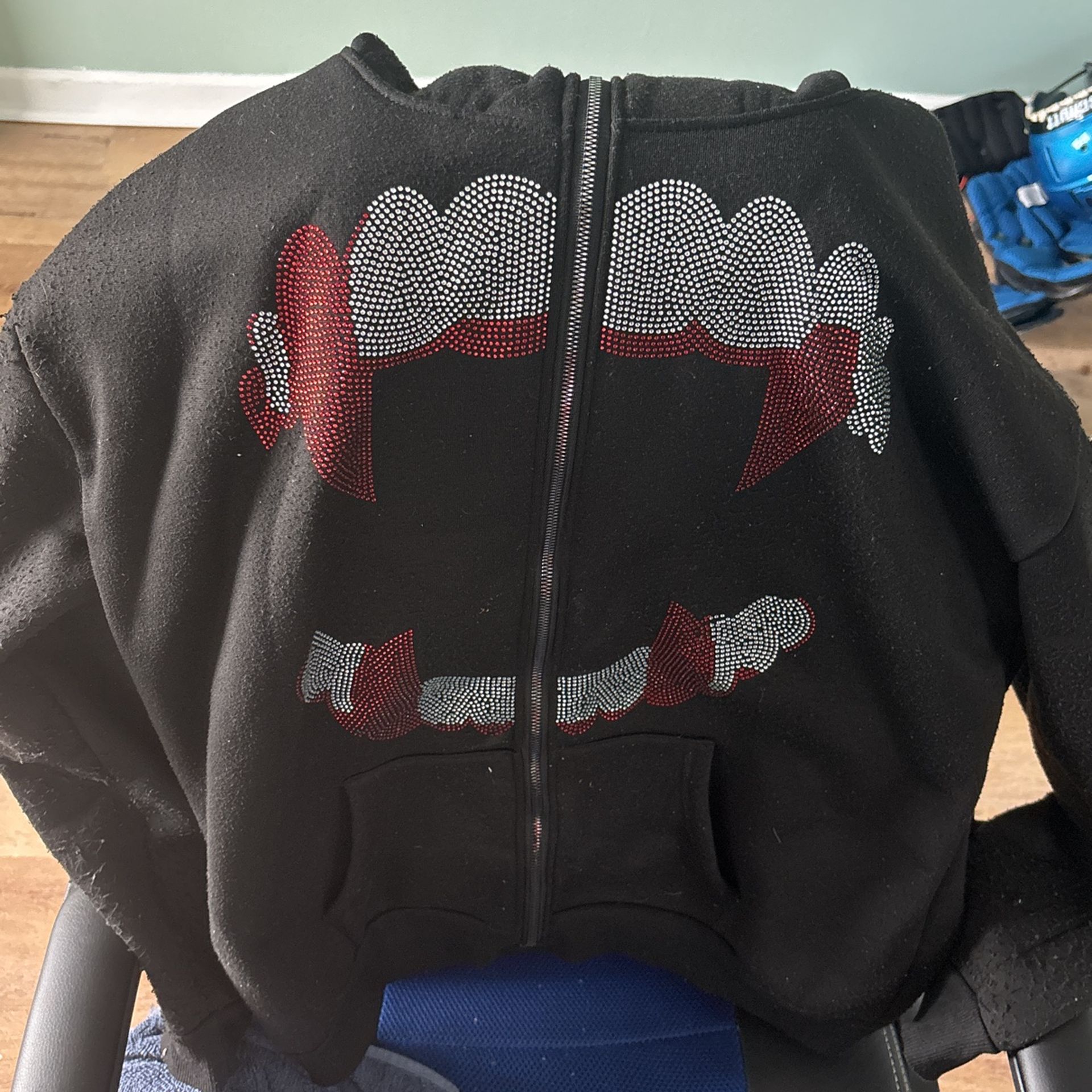 Rhinestone Zip Up Ghost Face Vampire Teeth Hoodi