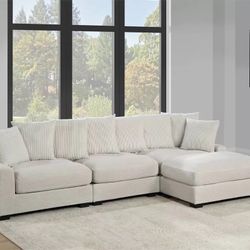 Beige Sectional Sofa - Large Seating + Soft Corduroy Fabric