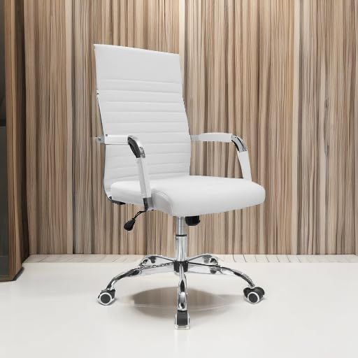 New Modern White PU Leather High Back Ribbed Office Desk Chair Office Chair Adjustable Swivel Computer Chair with Armrest for Conference Study Leisure