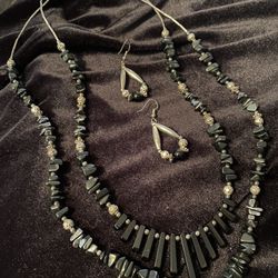 Brand New Mexican Silver Beaded /black Beaded Necklace And Earrings From Mexico
