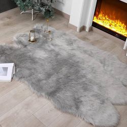 Super Soft Fluffy Faux Fir Sheepskin Area Rug 4’ x 6’ In Grey