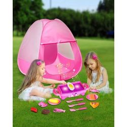 NEW-17 Pcs Kids Camping Pop up Play Tent with LED Music Kitchen Set
