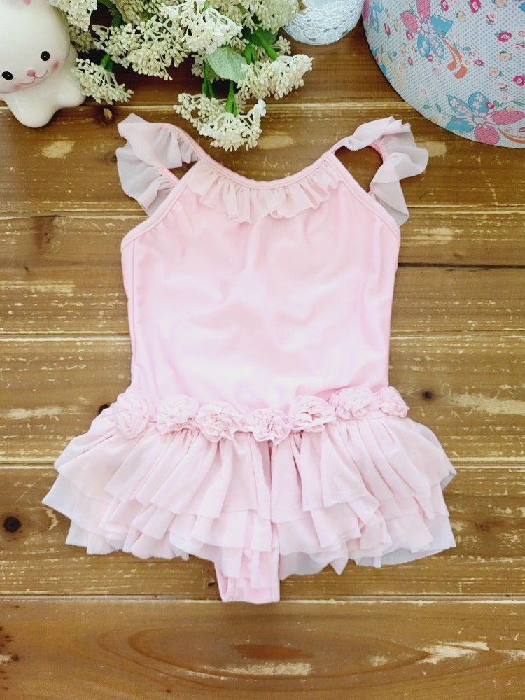 SIZE 6 GIRLS PINK FRILLY & FLOWERS DRESS W/BUILT-IN BODYSUIT DANCE WEAR