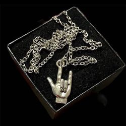Antique Silvery I Love You Hand Sign Charm Necklace