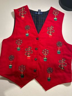 Vintage Karen Scott "ugly" Christmas vest, size Medium, with a plaid lining.