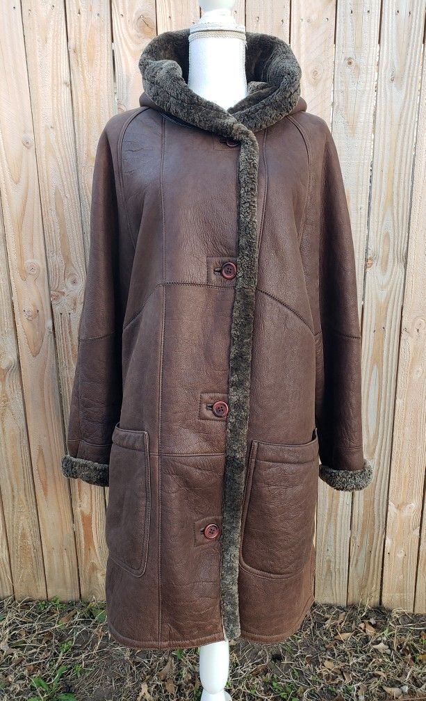 WOMEN'S SHEEPSKIN SHEARLING LEATHER HOODED WINTER OVERSIZED BROWN COAT SIZE L (M)