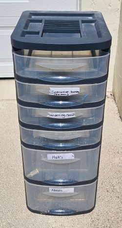 6 Drawer Tower, Plastic Storage Organizer with Removable Clear Bins, Easy to Assemble 
33"H x 15"W x 13"D
