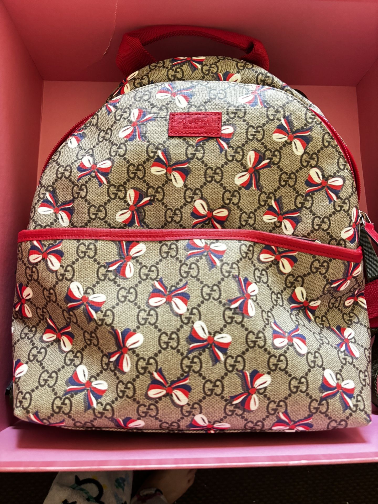 GG Supreme Monogram Sylvie Bow Print Childrens Backpack Red