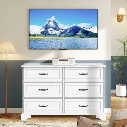 6 Drawer Dresser for Bedroom, 47.2" Large White Dresser TV Stand with Large Drawers & Bar Handles, Modern Chest of Drawers, Wooden Storage