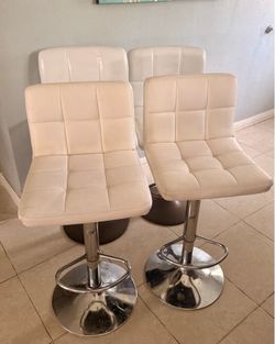 Set of 4 White Adjustable Swivel Bar Stools – Modern Faux Leather Chairs