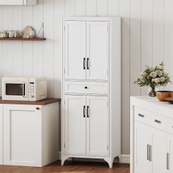  67" 4-Door Kitchen Pantry with Drawer and Adjustable Shelves, White