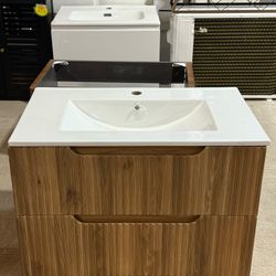 30 in. W Floating Wall Mounted Bath Vanity in Walnut with White Ceramic Top and U-shaped Drawers(Brown)  💰260$