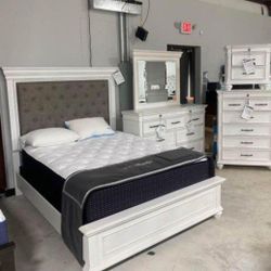 Kanwyn Whitewash Upholstered Panel Bedroom Set  Bed, Dresser, Mirror, Nightstand, Chest.   QUEEN Or KING 