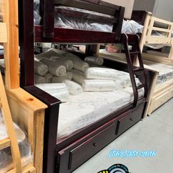 Twin Full Bunk Bed Litera Dark Cherry Solid Wood With Full Trundle Pull Out Bed And All Three Mattresses