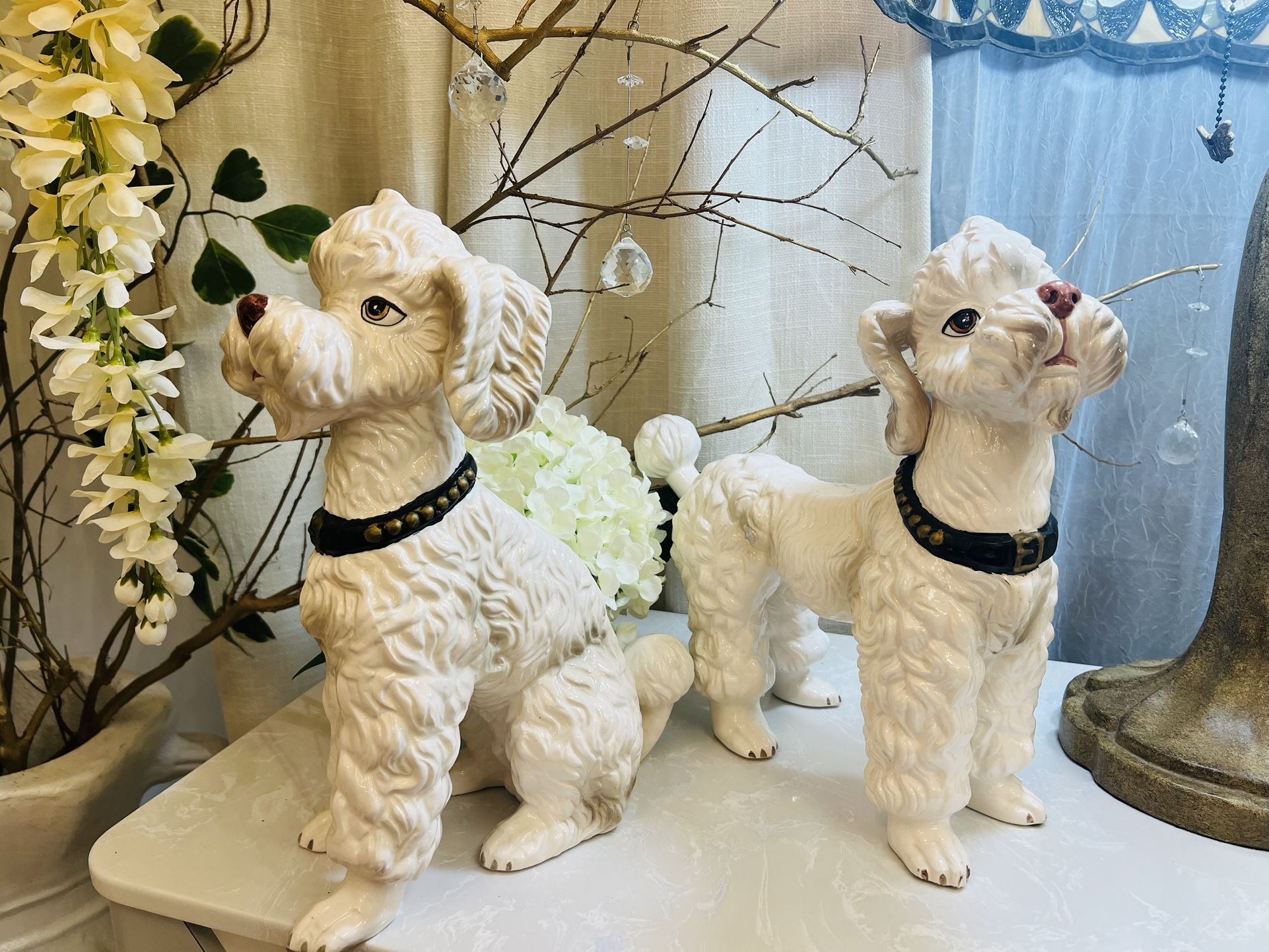 Vintage Porcelain Poodle Dog Statues Pair – Japan #7097 by Lentil Artware – Large Matching Collectib