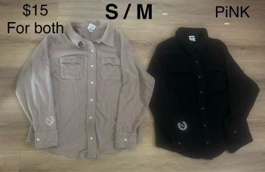 Soft fleece button-down shackets from PINK Victoria's Secret. This bundle includes one black and one tan long-sleeve shirt jacket. Both items are size
