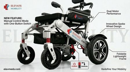 New Elevate Mobility EM-100F Foldable Power Wheelchair - Lightweight & Travel Ready