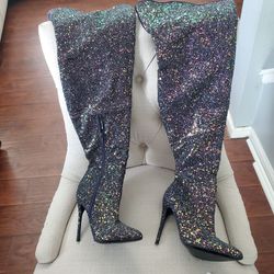 Black Glitter Thigh High Boots Size 6 1/2