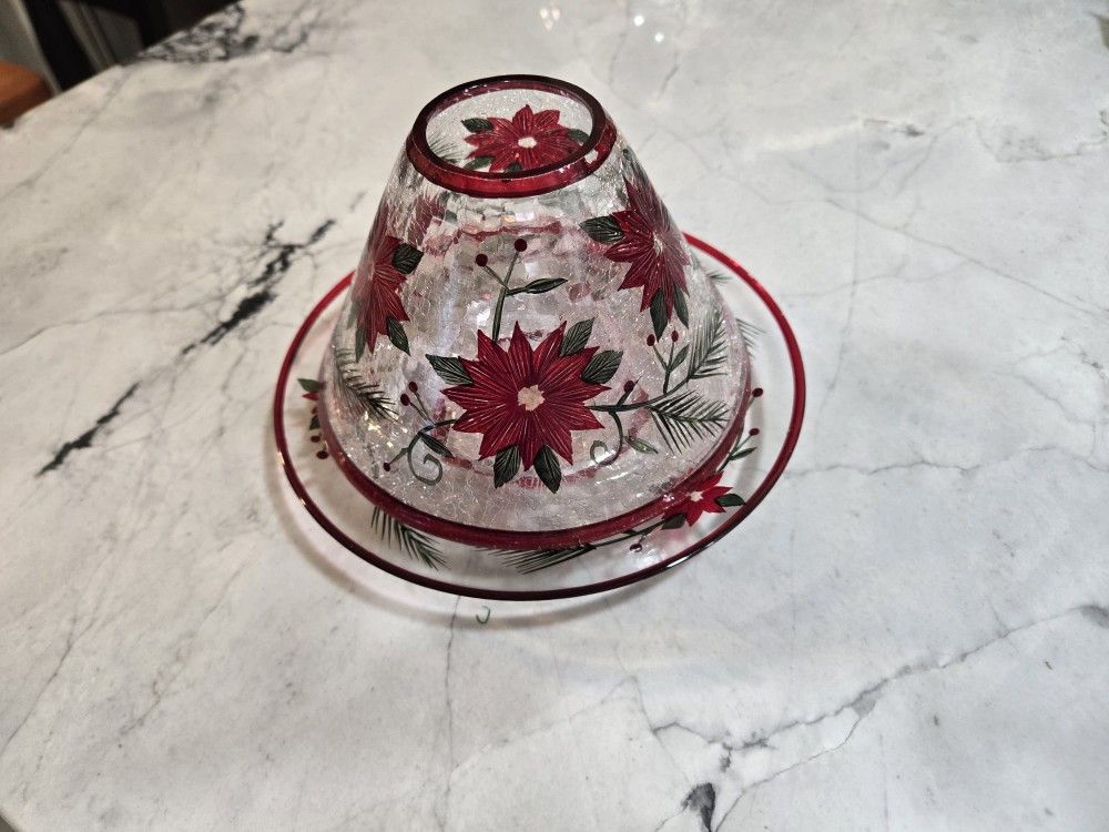 Poinsettia Crackled Glass Jar Candle Shade Topper And Plate